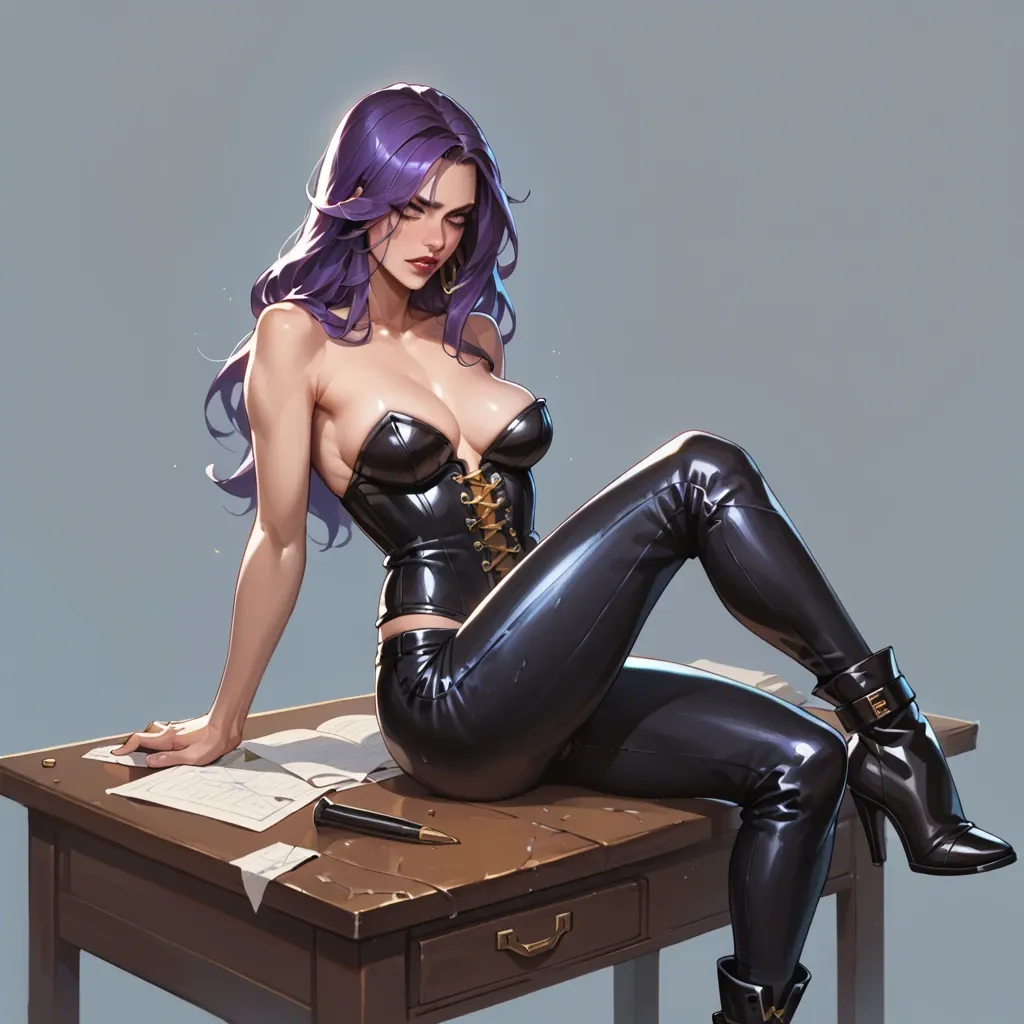 a girl with straight purple hair in tight leather trousers, a gold corset and black leather high heeled ankle boots sitting on a desk seductively. in the league of legends art style ,