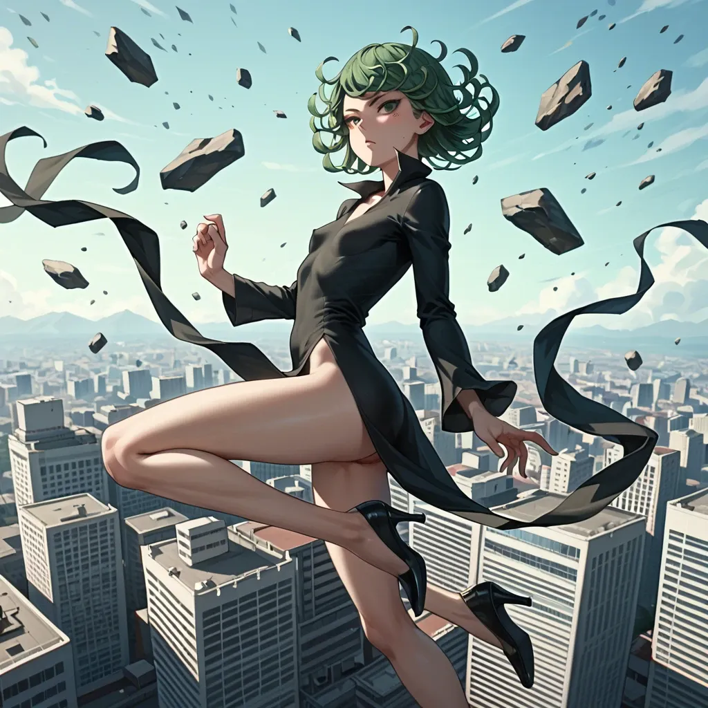 1girl, solo, , , , character tatsumaki, (perfect face: 1,2), (beautiful green eyes: 1,1), (very skinny), in black dress with long sleeve, in black heel, floating in the air, background is city, (side view: 1,1), back view, motion lines