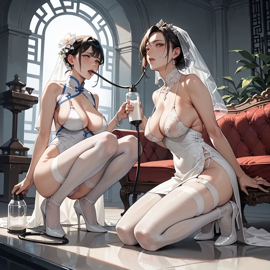 2girl, , , , milking machine,ankles,large breasts,from waist up,thin ankle, eye,five toes,saggy breast,spaceship,on the knees, china dress,white pantyhose,bridal veil,white bikini,heels, couch, max caulfield, linked collars, wonder woman, ariel waifu