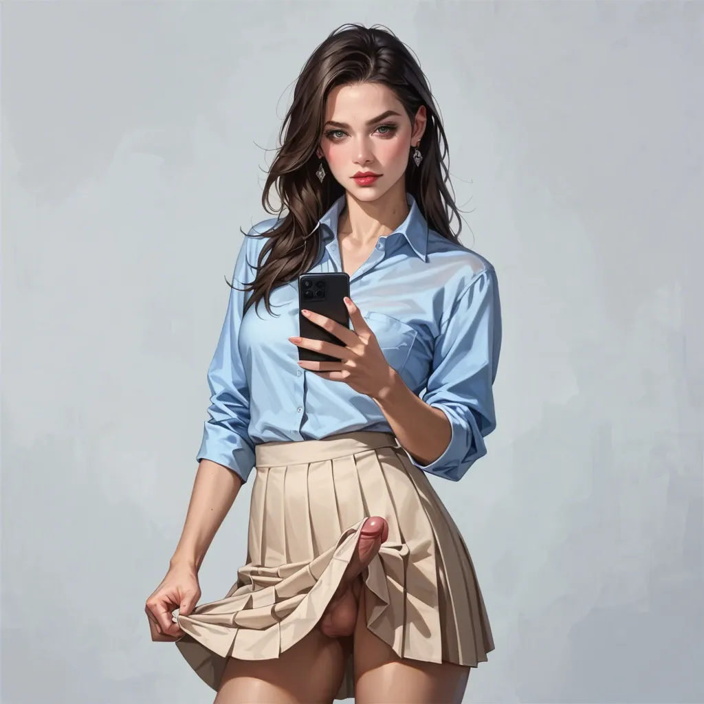 Futanari young lovely nice sexy gorgeous cute skinny curvy czech schoolgirl, hyperrealistic, playing with phone, Lifting skirt, seductive