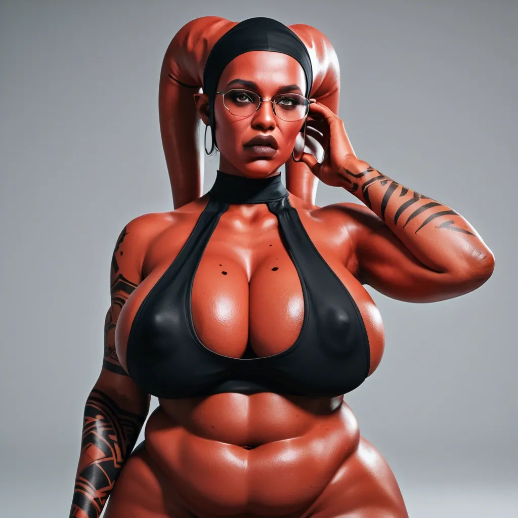 3d, indian Hindi twi'lek, covered ears, red skin, black tattoos, sagging breasts, hyper lips, thick black rim glasses, black tube top, obese, slutty