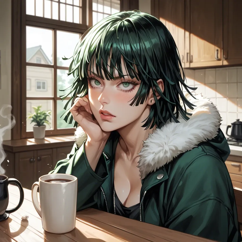 Fubuki (one punch man), detailed face, inside house, coffee, do not show hands, massive ass, High definition, good face, coat, upper body close up