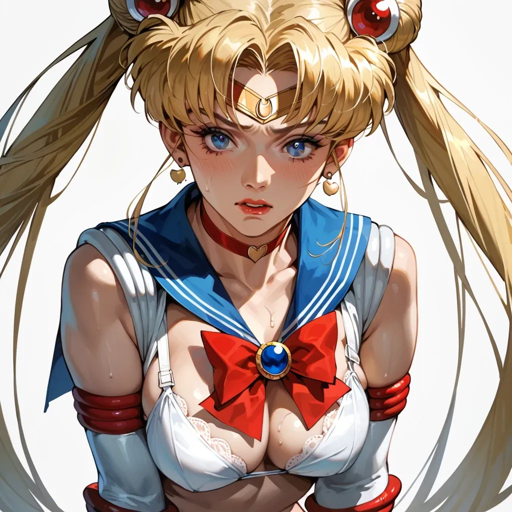 sailor moon, tsukino usagi,bishoujo senshi sailor moon,1girl, breasts, solo, red choker, underwear, blonde hair, gloves, blue eyes, double bun, panties, bra, elbow gloves, twintails, long hair, white panties, nipples, choker, white gloves, looking at viewer, huge breasts, abs, highleg panties, navel, hair bun, sailor collar, lingerie, window, indoors, blue sailor collar, red bra, highleg, bed, parted lips, curtains, thighs, muscular female, cameltoe, earrings, jewelry, muscular, cleavage, blush, covered nipples, lips, thick thighs, bow, sailor senshi uniform, see-through, collarbone full body