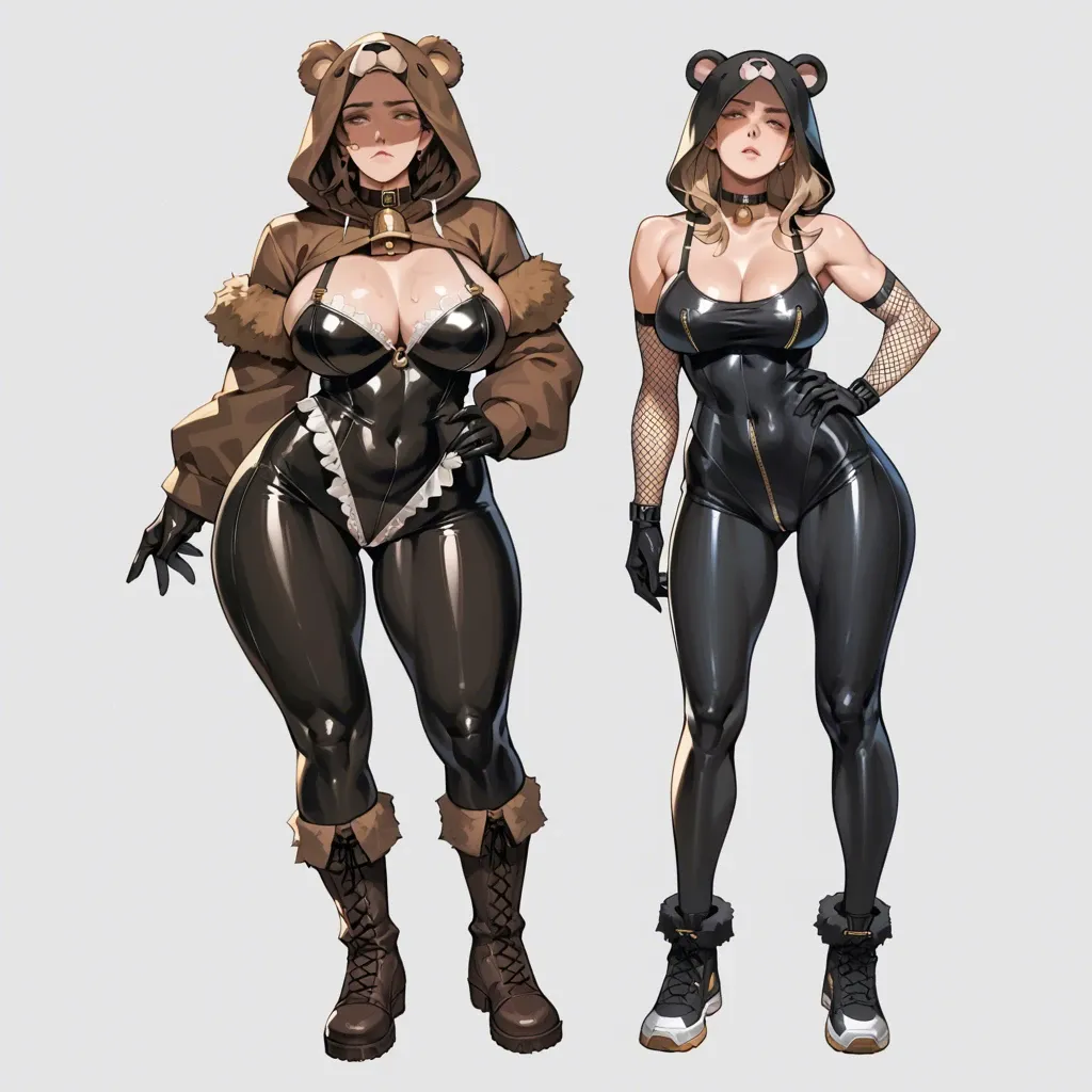 2girl, , , , expressive eyes,arm,round breasts,huge hips,neck bell, bear costume,fishnet sleeve,latex gloves,bodysuit,black sneakers, tank top,lace panties,gold jewelry,black bodysuit,brown boots, in a kitchen, royal gardens, cyberpunk, detailed hands, dark pupils, spider-gwen, asuka langley