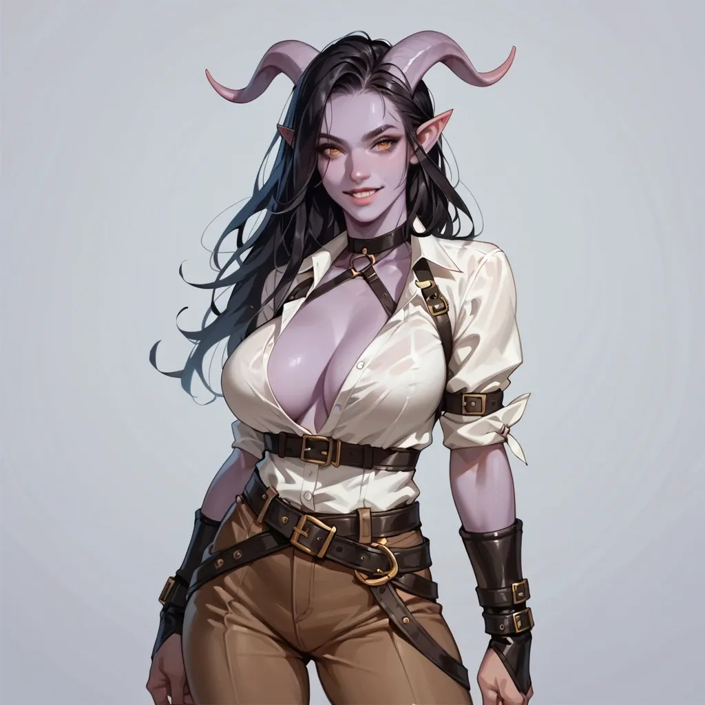 cute tiefling with purple skin and black hair, big breasts, white shirt, wide belt, brown pants, seductive smile, big breasts, skinny, adventurer's outfit, leather bracers, leather belts reinforcements, sexy pose