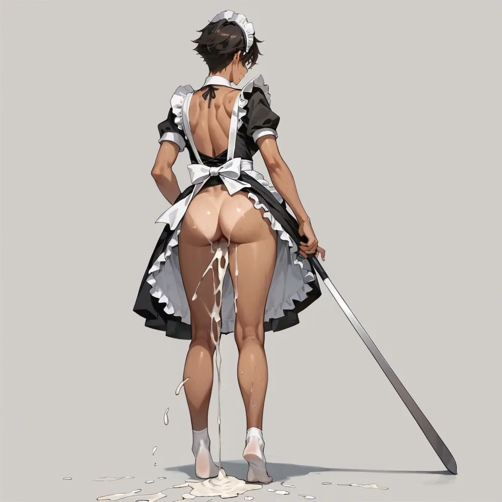 1 girl, tan, tomboy, costume, stand with back, standing , huge creampie, maid, no shoes, grey background