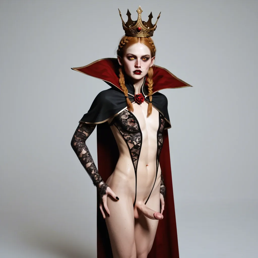 Femboy,hard penis,3d,freckles,slender crooked nose,large breast,slim contexture,crown braids,very tall,vampire,vampire clothes,cape,