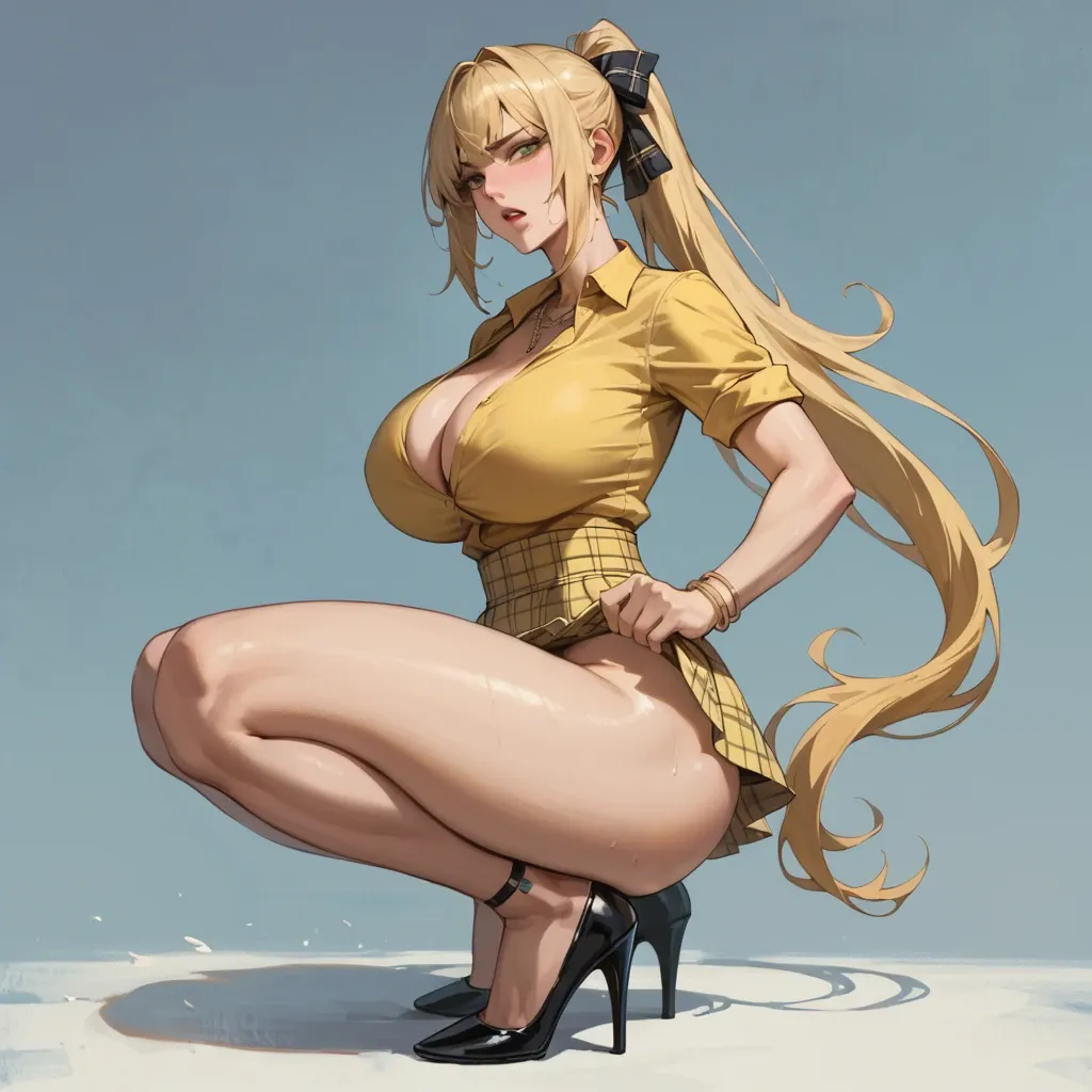 1 girl with a pretty face,huge breasts , slim waist , wide hips, huge butt, green eyes, long ponytail Blonde hair, yellow cleavage shirt, yellow plaid skirt, necklace, hair ribbon, bracelet,black high heels, (brutally fucked in a reverse cowgirl position by a man)