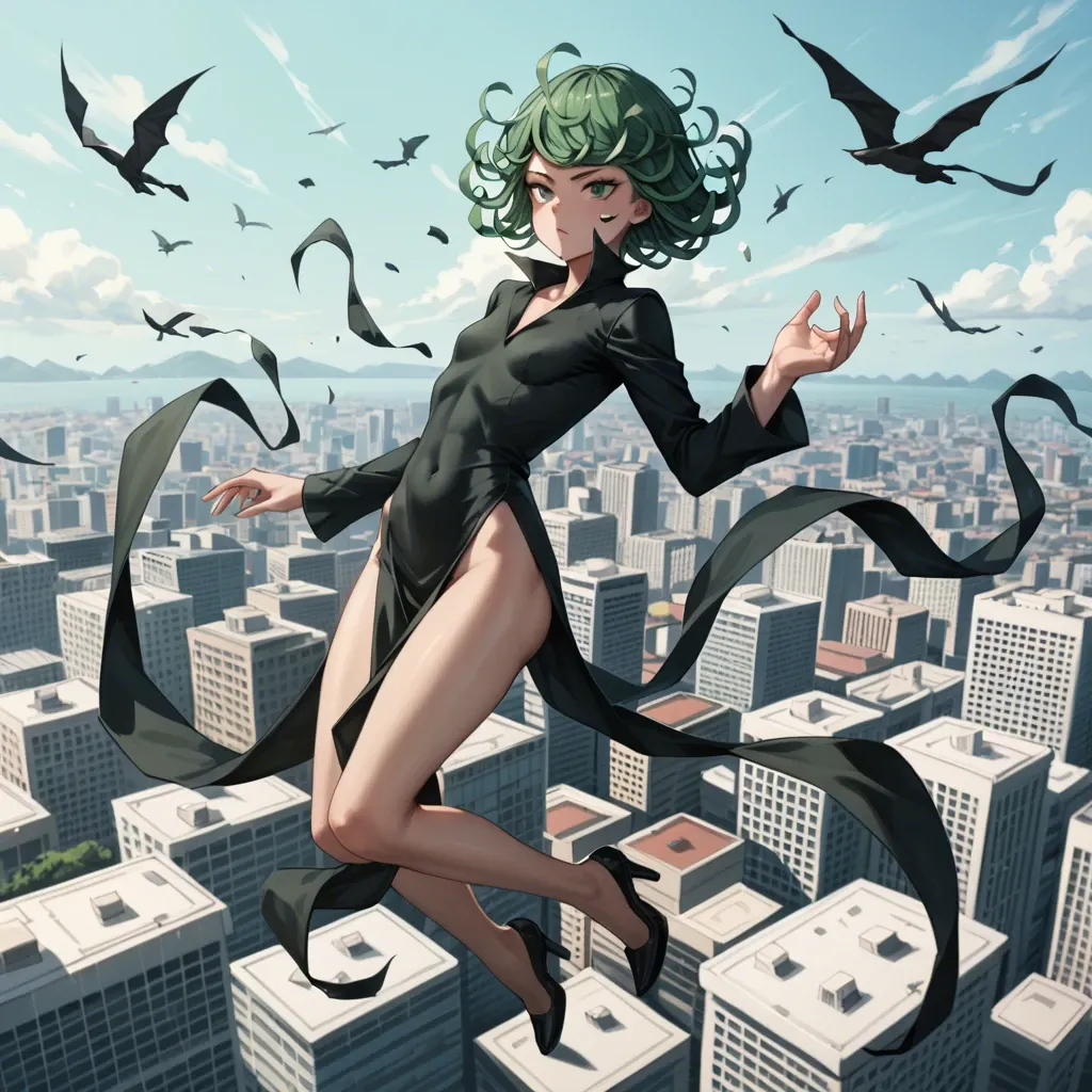 1girl, solo, , , , character tatsumaki, (perfect face: 1,2), (beautiful green eyes: 1,1), (very skinny), in black dress with long sleeve, in black heel, floating in the air, background is city, (side view: 1,1), back view, manga effects, motion lines