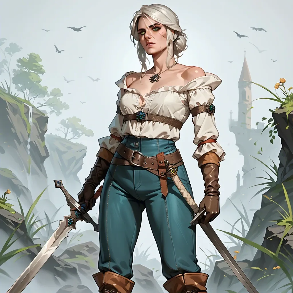 Ciri,the witcher,petite body,long white hair,bangs,witcher outfit,long pants,green eyes,sword,looking at viewer