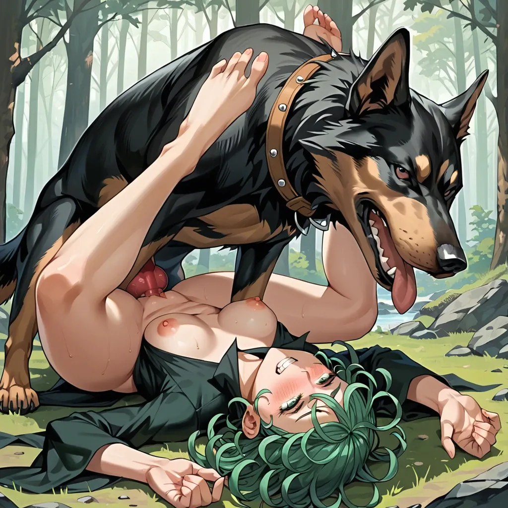 Tatsumaki(One-Punch Man), upside-down, close-up, clenched teeth, blushing, hug, feral wolfdog, canine penis, knotted cock, vaginal, missionary, forest