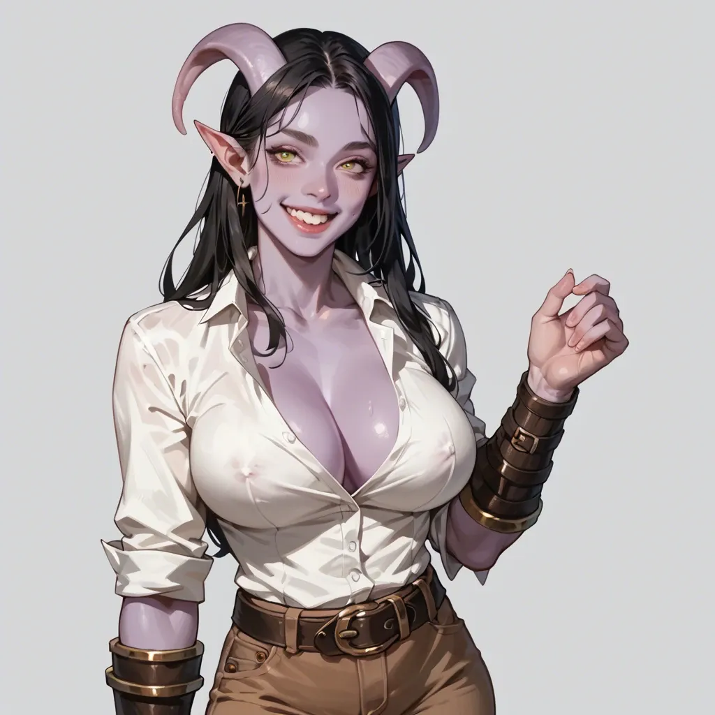 cute tiefling with purple skin and black hair, big breasts, white shirt, wide belt, brown pants, happy seductive smile, big breasts, skinny, adventurer's oytfit, leather bracers