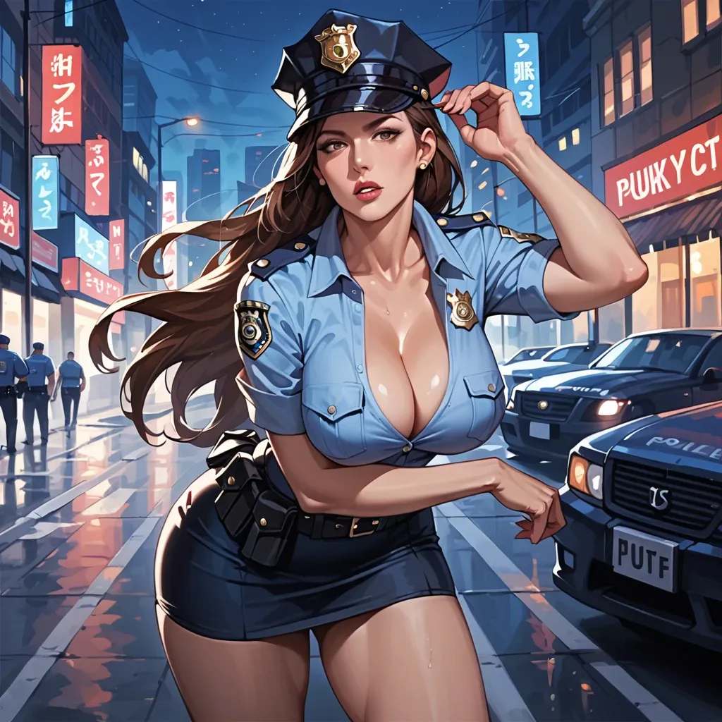 Police uniform, milf, seductive, big tits, big ass, cleavage, long hair, night city, dressed, brown hair, cap, skirt