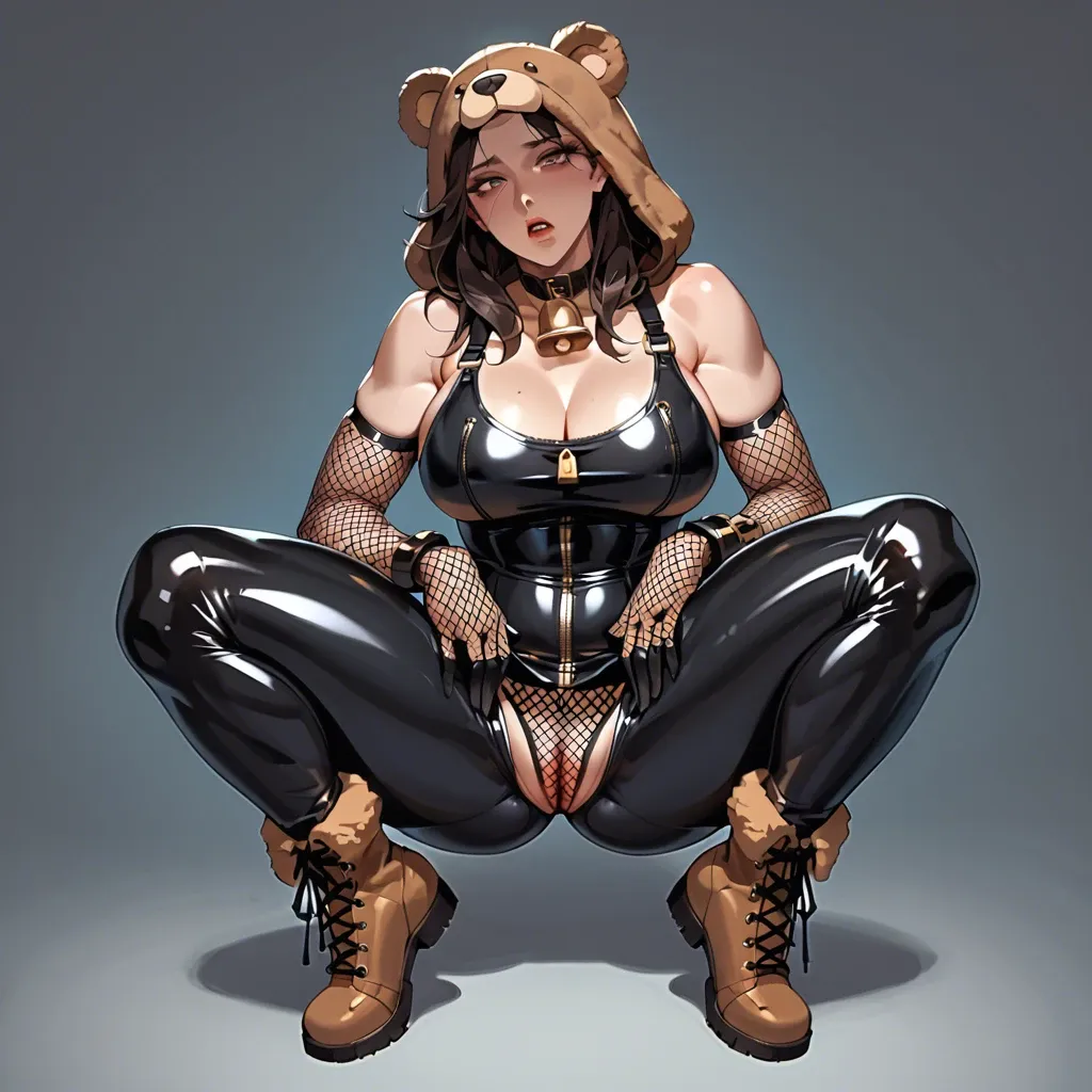 2girl, , , , expressive eyes,arm,round breasts,huge hips,neck bell, bear costume,fishnet sleeve,latex gloves,bodysuit,black sneakers, tank top,lace panties,gold jewelry,black bodysuit,brown boots, in a kitchen, royal gardens, cyberpunk, detailed hands, dark pupils, spider-gwen, asuka langley