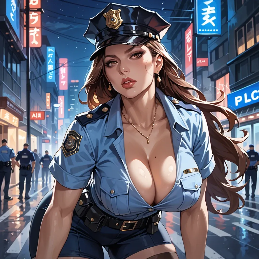 Police uniform, milf, seductive, big tits, big ass, cleavage, long hair, night city, dressed, brown hair, cap