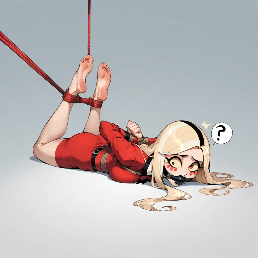 masterpiece, cartoon, , , , 1girl, Charlie Morningstar \(Hazbin Hotel\), red suit, barefoot, confused, , , , lying on stomach, rope bondage, hogtied, hands behind back, huge gag, , , , looking at viewer, soles focus, ((face view))