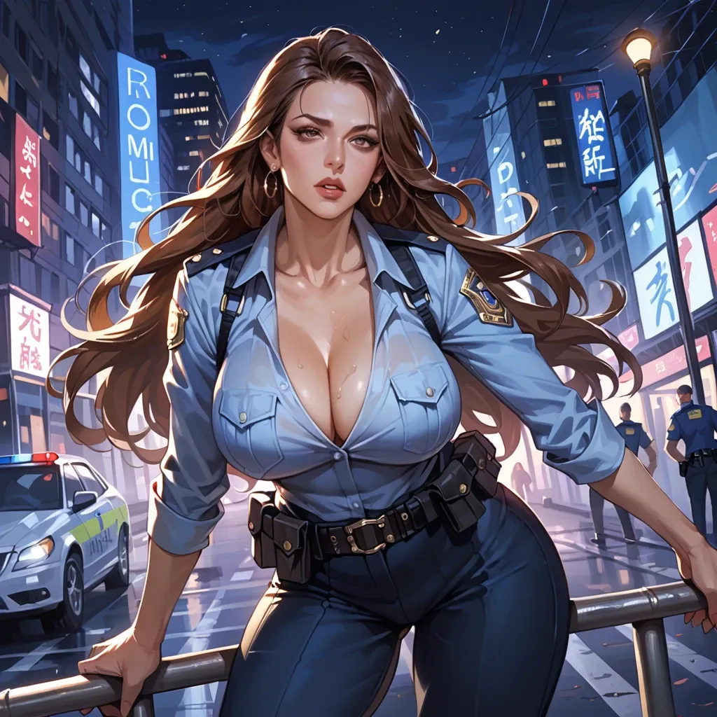 Police uniform, milf, seductive, big tits, big ass, cleavage, long hair, night city, dressed, brown hair