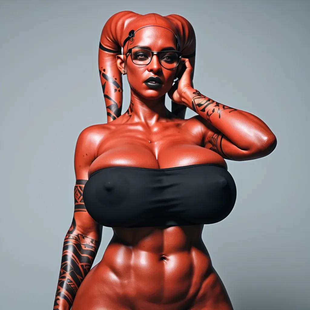 3d, indian twi'lek, covered ears, red skin black tattoos, huge sagging breasts, hyper black lips, thick black rim glasses, black tube top, slutty