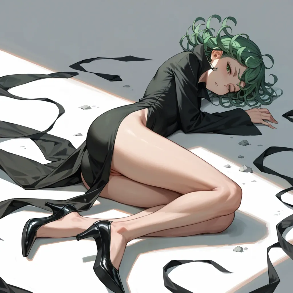 1girl, solo, , , , character tatsumaki, (perfect face: 1,2), (beautiful green eyes: 1,1), (very skinny), in black dress with long sleeve, in black heel, sleeping on the ground, (side view: 1,1), manga effects