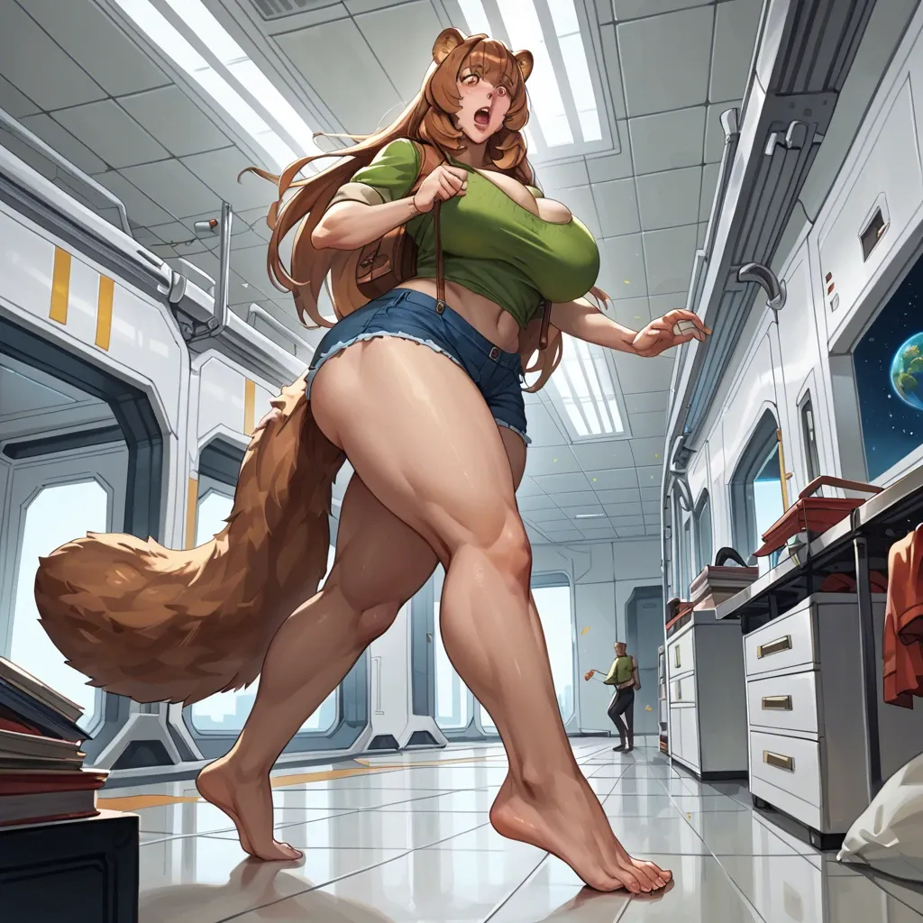 Raphtalia, giantess growth, only, solo, growing, bigger female, larger female, giant woman, huge woman, room filling, unwilling growth, barely clothed, wardrobe malfunction, shocked, surprised, bedroom setting, narrow space, barefoot