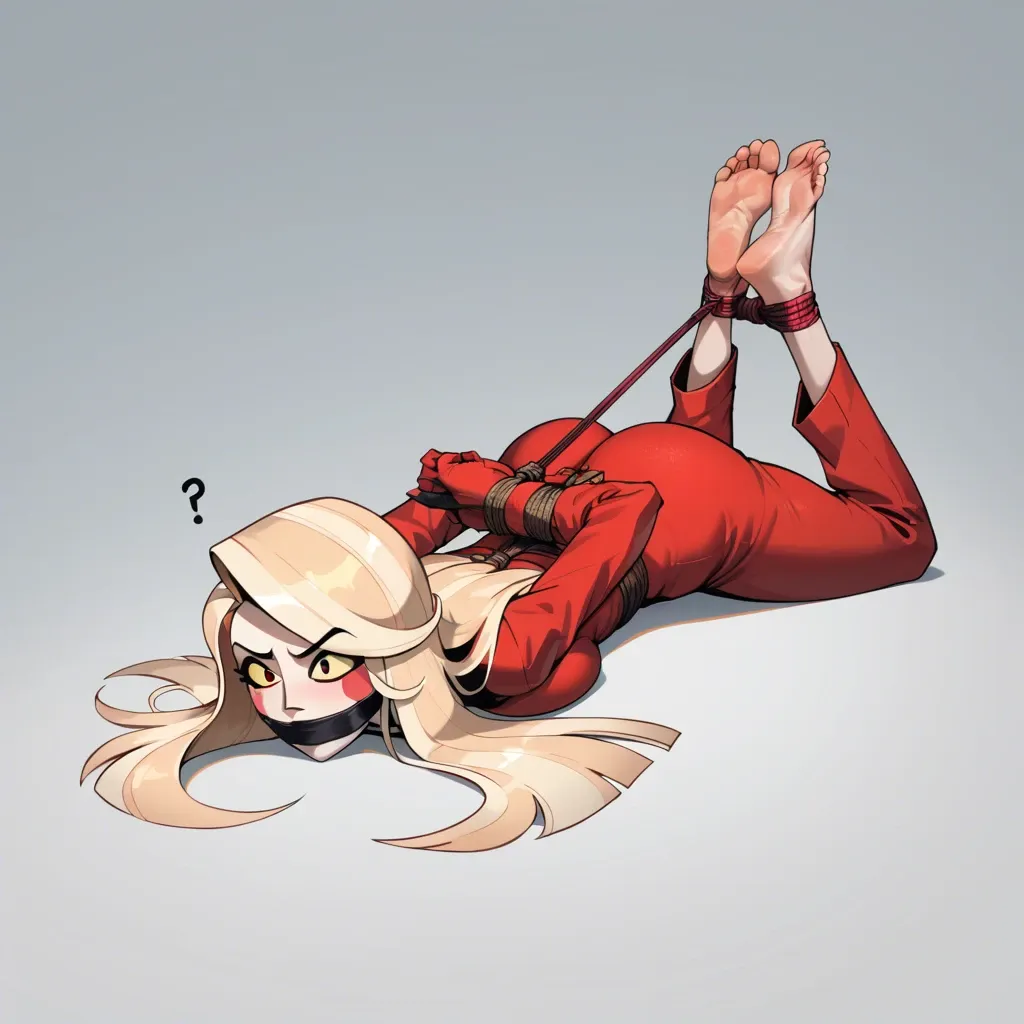 masterpiece, cartoon, , , , 1girl, Charlie Morningstar \(Hazbin Hotel\), red suit, barefoot, confused, , , , lying on stomach, rope bondage, hogtied, hands behind back, huge gag, , , , looking at viewer, soles focus, ((face view))