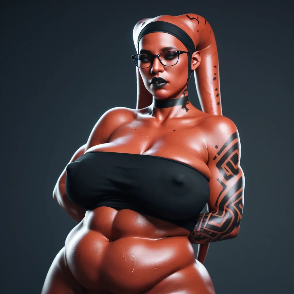 3d, indian twi'lek, covered ears, red skin black tattoos, sagging breasts, hyper black lips, thick black rim glasses, black tube top, obese, slutty