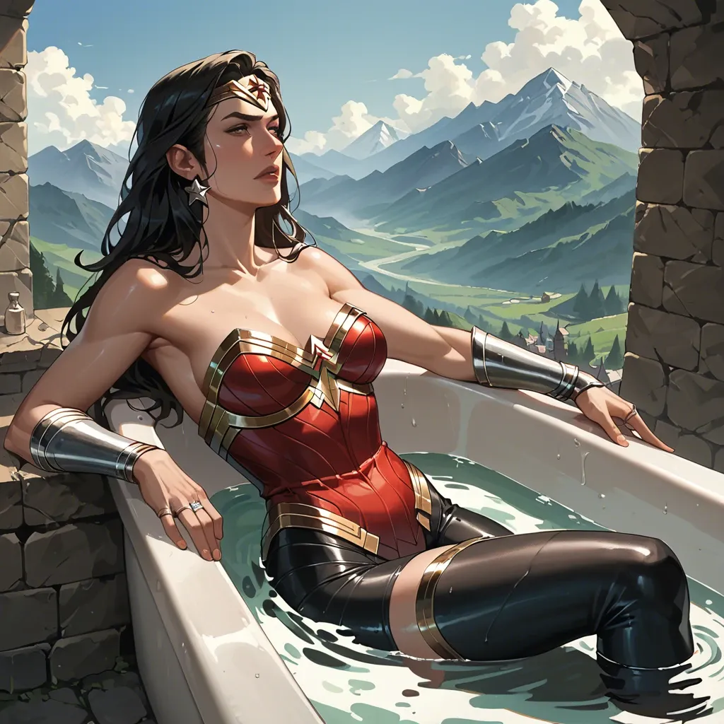 1girl,solo, , , , molest,negative hand,medium boobs,waist,perfect skin, silk gown,black stockings,rings,bodysuit,armored boots, bathtub, mountains, medieval prison, respectable, zelda, wonder woman, rapunzel waifu