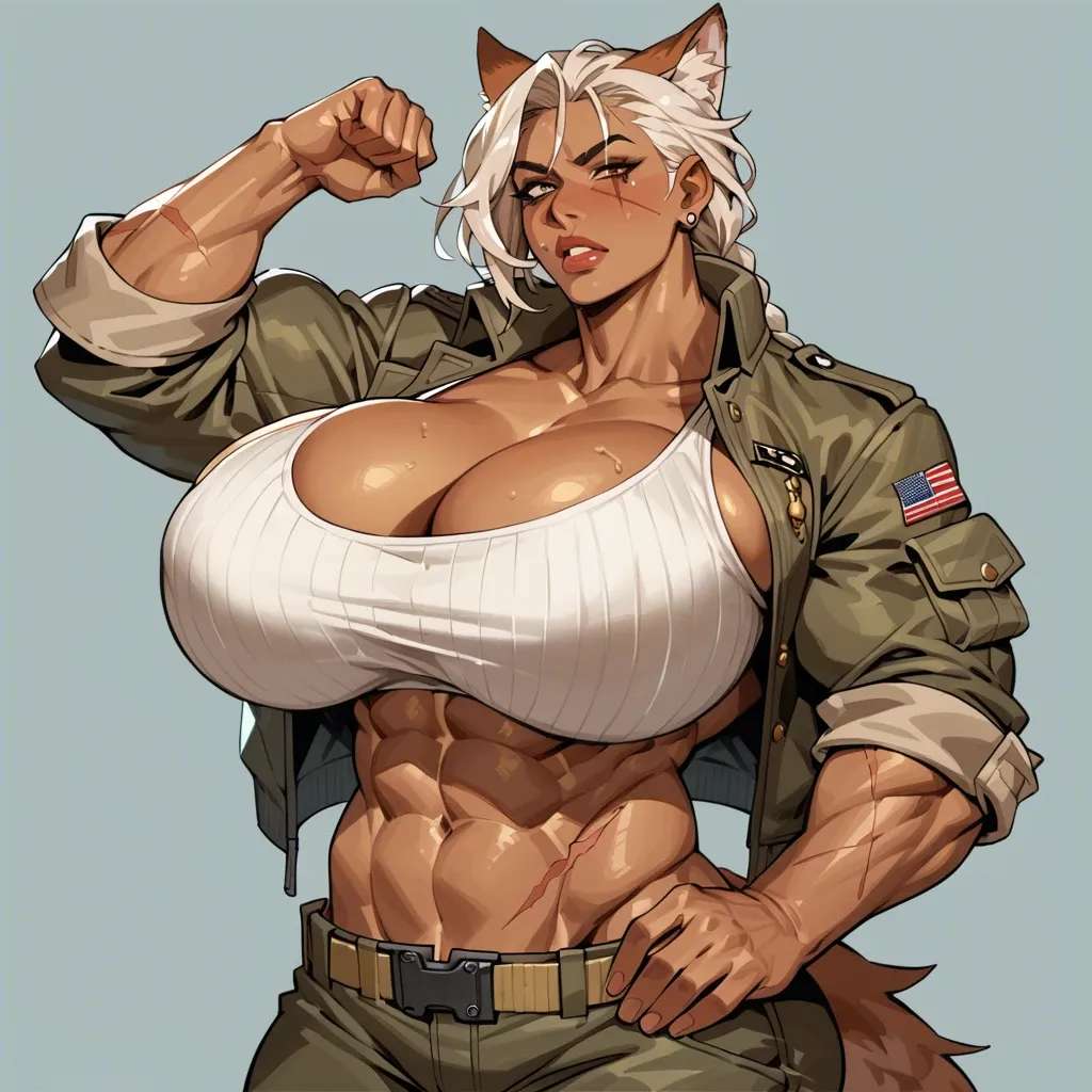 Brown skin with tigerstripes , very muscular , gigantic brown breasts , foxgirl , she is wearing army general's jacket , her outfit is barely covering her gigantic brown breasts , fluffy white/brown foxtail , scar over her right blind eye , (white single braid hair) , (tigerstripes on gigantic brown ass) , (gigantic brown breasts) ,(brown skin with tigerstripes) ,