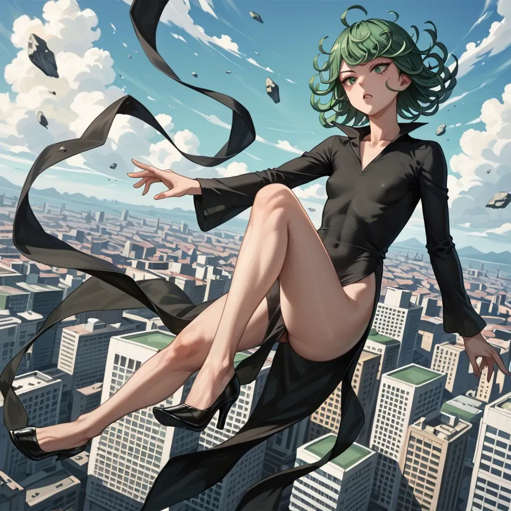 1girl, solo, , , , character tatsumaki, (perfect face: 1,2), (beautiful green eyes: 1,1), (very skinny), in black dress with long sleeve, in black heel, floating in the air, background is city, (side view: 1,1), back view, manga effects, motion lines