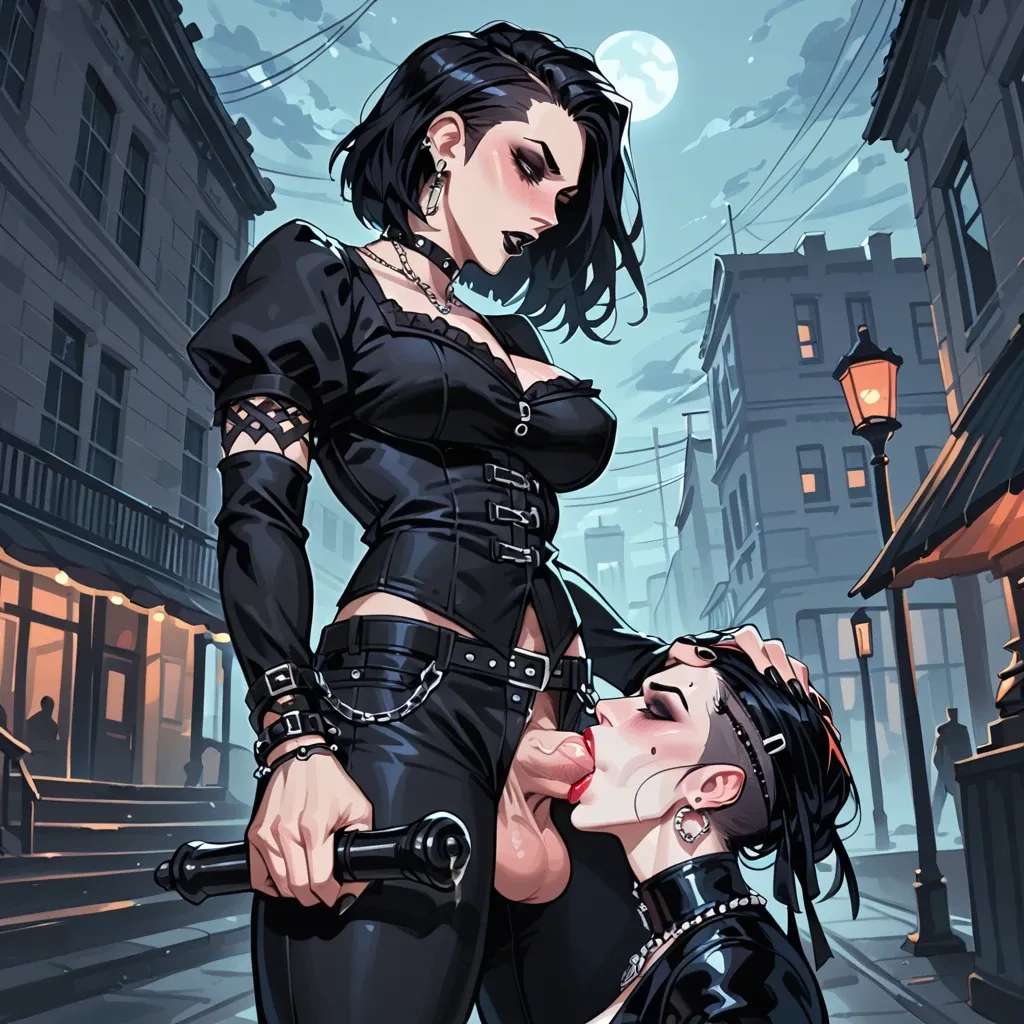 Gothic Futanari , Gothic clothes, night park, femdom, big dick deepthroat, pants