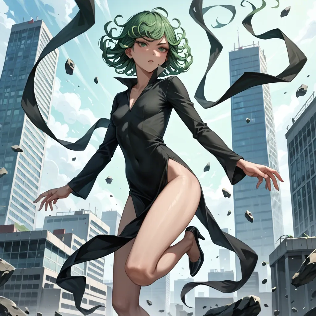 1girl, solo, , , , character tatsumaki, (perfect face: 1,2), (beautiful green eyes: 1,1), (very skinny), in black dress with long sleeve, in black heel, floating in the air, (side view: 1,1), manga effects, motion lines