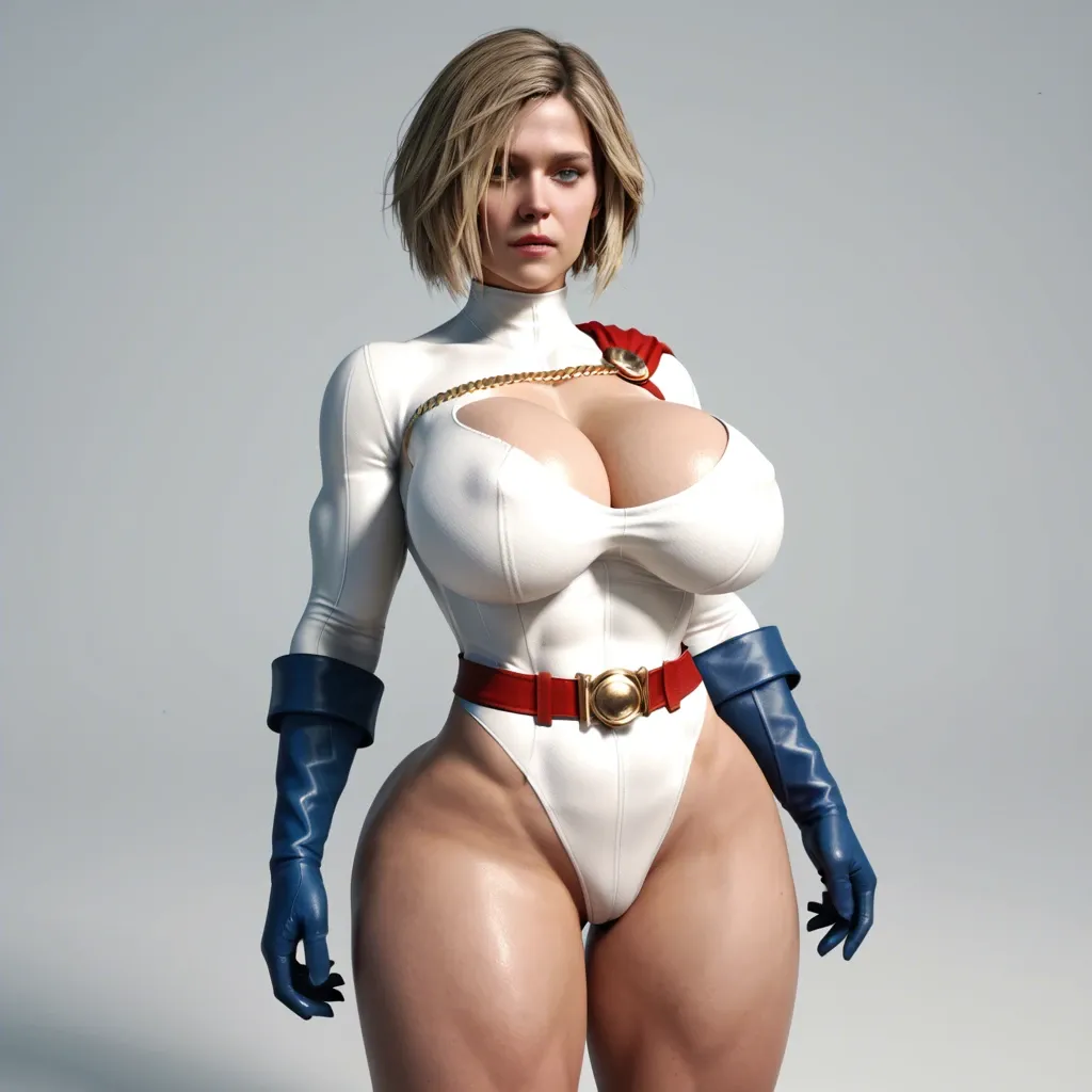 3d, 1girl, Power Girl, clothet, sexy and beautiful woman, big huge breast, wide hips, thick thigs, highleg