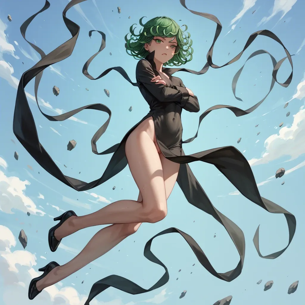 1girl, solo, , , , character tatsumaki, (perfect face: 1,2), (beautiful green eyes: 1,1), (very skinny), in black dress with long sleeve, in black heel, floating in the air, arms crossed, background is city, siview, motion lines