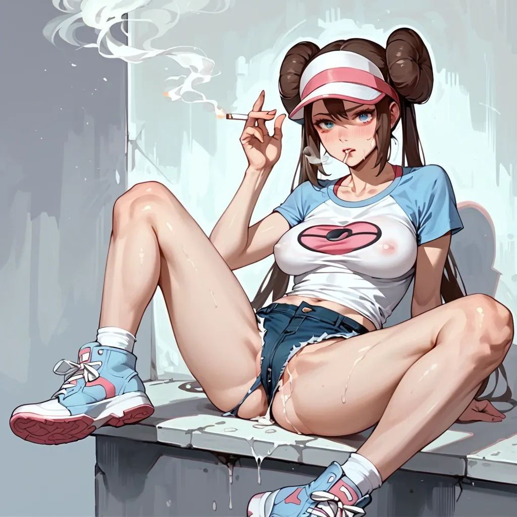 Rosa, Pokemon, anime style, sitting, spread legs, smoking cigarette