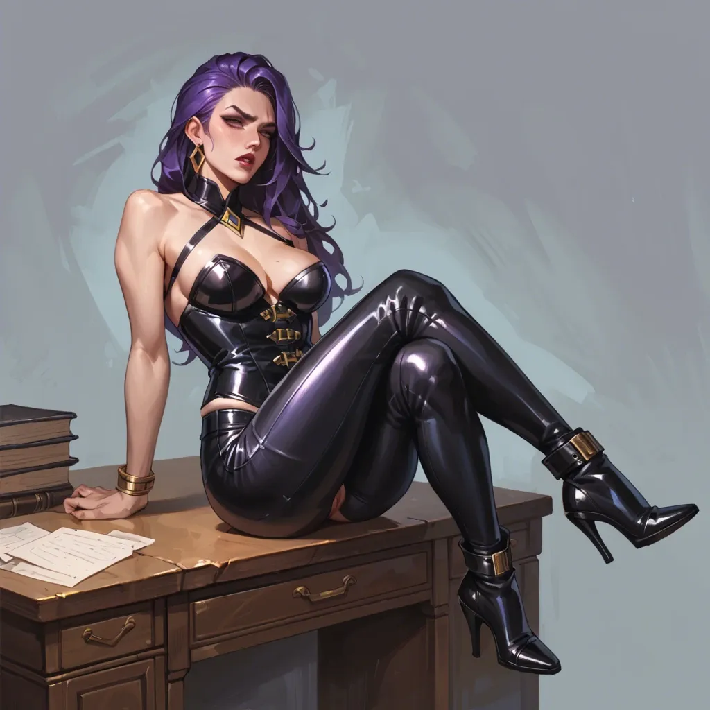 a girl with straight purple hair in tight leather trousers, a gold corset and black leather high heeled ankle boots sitting on a desk seductively. in the league of legends art style ,