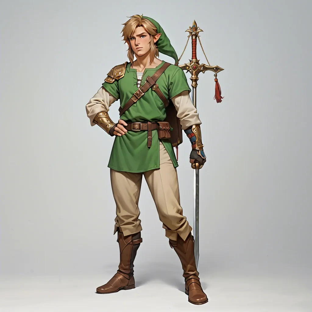 Link from a legend of zelda full body facing forward hand on his hip