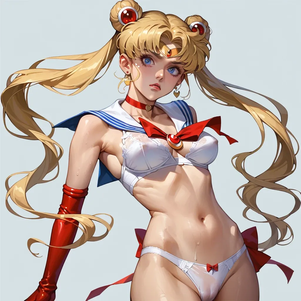 sailor moon, tsukino usagi,bishoujo senshi sailor moon,1girl, breasts, solo, red choker, underwear, blonde hair, gloves, blue eyes, double bun, panties, bra, elbow gloves, twintails, long hair, white panties, nipples, choker, white gloves, looking at viewer, huge breasts, abs, highleg panties, navel, hair bun, sailor collar, lingerie, blue sailor collar, red bra, highleg, bed, parted lips, curtains, thighs, muscular female, cameltoe, earrings, jewelry, muscular, cleavage, blush, covered nipples, lips, thick thighs, bow, sailor senshi uniform, collarbone full body