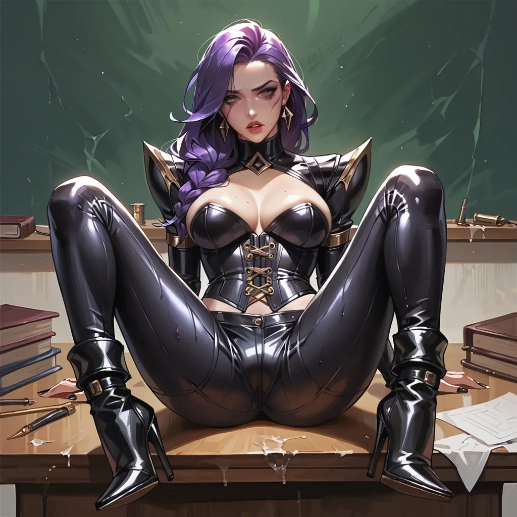 a girl with straight purple hair in tight leather trousers, a gold corset and black leather high heeled ankle boots sitting on a desk seductively. in the league of legends art style ,