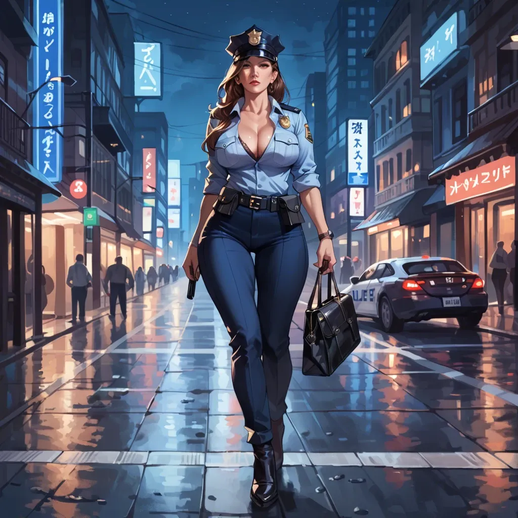 Police uniform, milf, seductive, big tits, big ass, cleavage, long hair, night city, dressed, brown hair, cap, full body