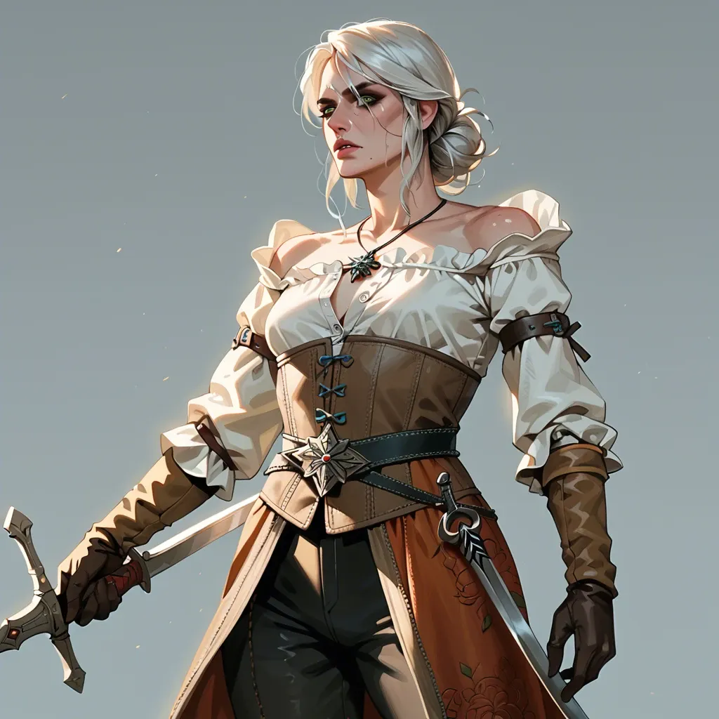 Ciri,the witcher,petite body,long white hair,bangs,witcher outfit,long pants,green eyes,sword