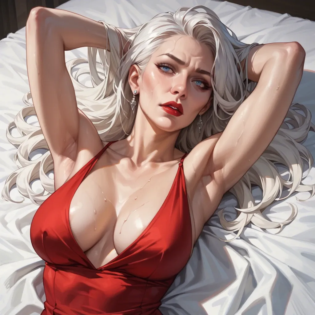 1 girl, mature girl, red dress, white hair, jewerly, red make up, perfect face. blue eyes, high definition, lying on its side, hands behind the head