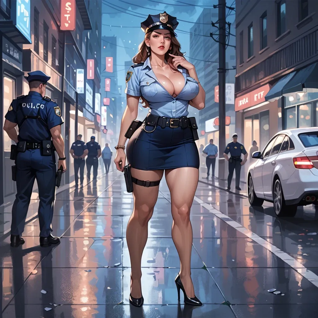 Police uniform, milf, seductive, big tits, big ass, cleavage, long hair, night city, dressed, brown hair, cap, full body, skirt