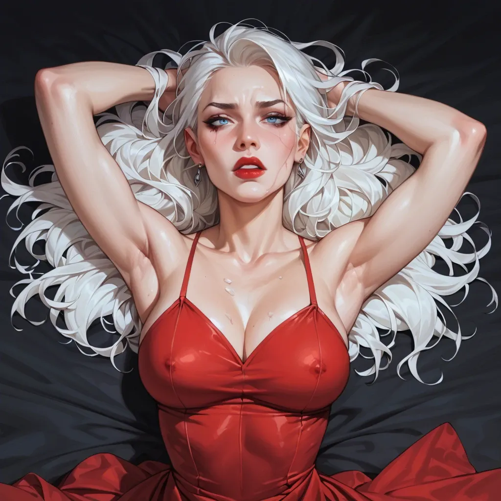 1 girl, 30 years old girl, red dress, white hair, jewerly, red make up, perfect face. blue eyes, high definition, lying on its side, hands behind the head