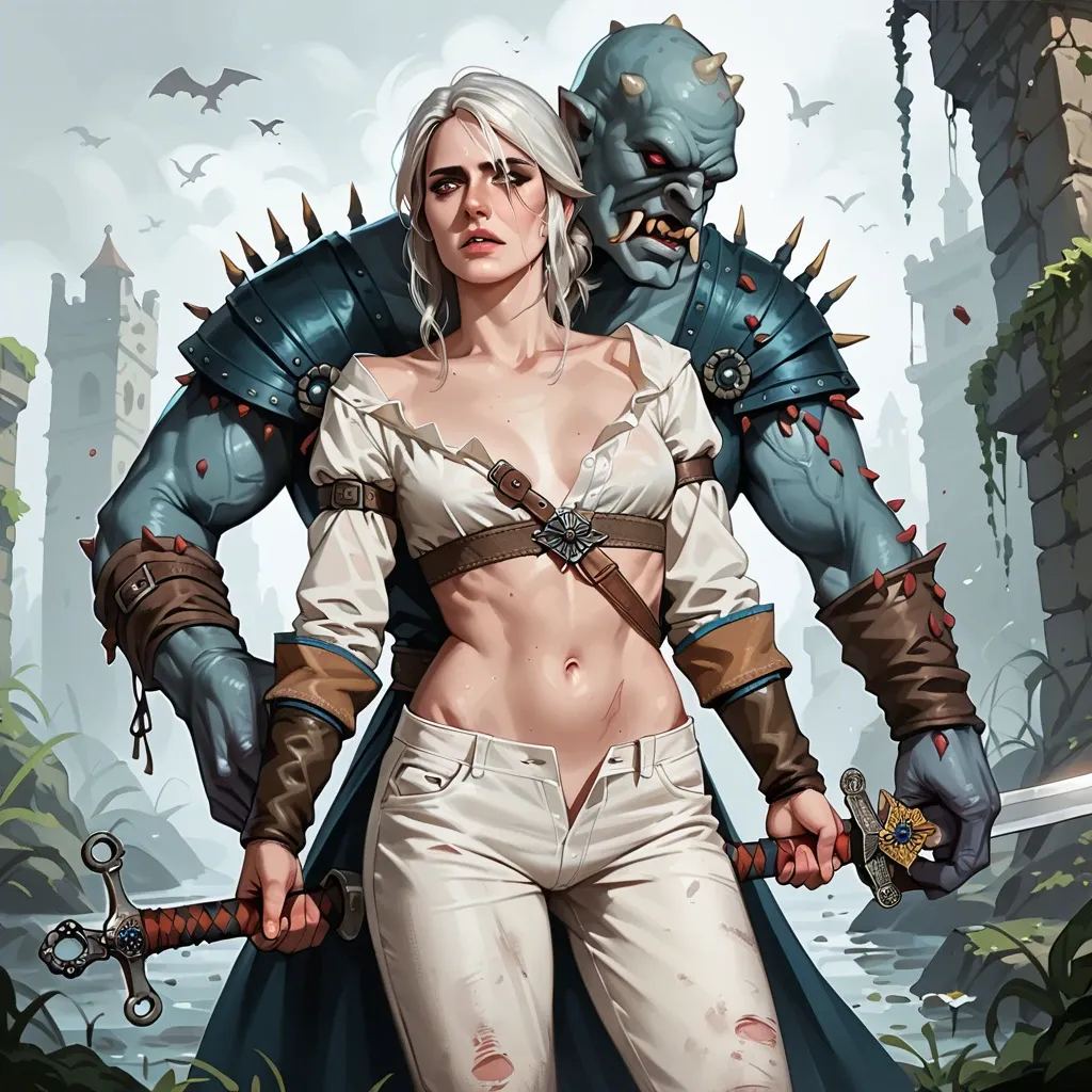 Ciri,the witcher,petite body,long white hair,bangs,witcher outfit,long pants,sword,monsters