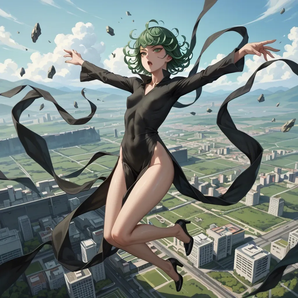 1girl, solo, , , , character tatsumaki, (perfect face: 1,2), (beautiful green eyes: 1,1), (very skinny), in black dress with long sleeve, in black heel, floating in the air, landscape is city, (side view: 1,1), back view, manga effects, motion lines