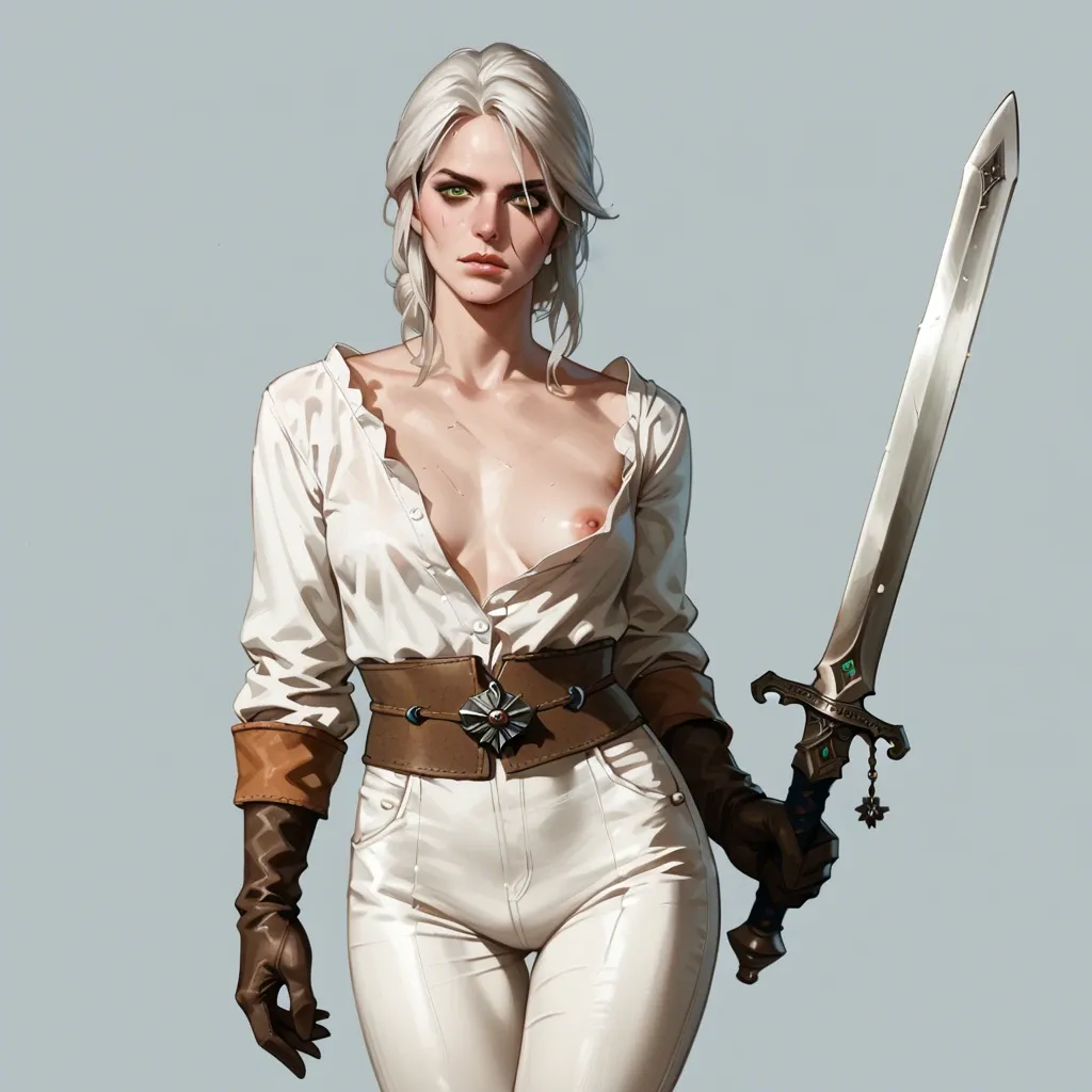 Ciri,the witcher,petite body,long white hair,bangs,witcher outfit,long pants,green eyes,sword,looking at viewer