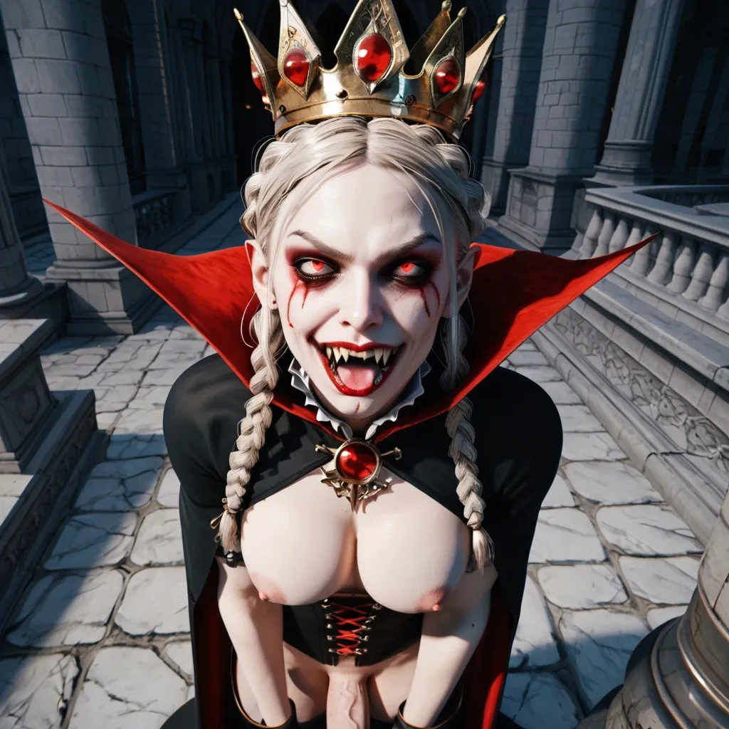 Femboy,Hard penis,large breast,3d,crown braids,vampire, vampire clothes,cape,evil face fangs,high angle, tattoos,trone,castle,