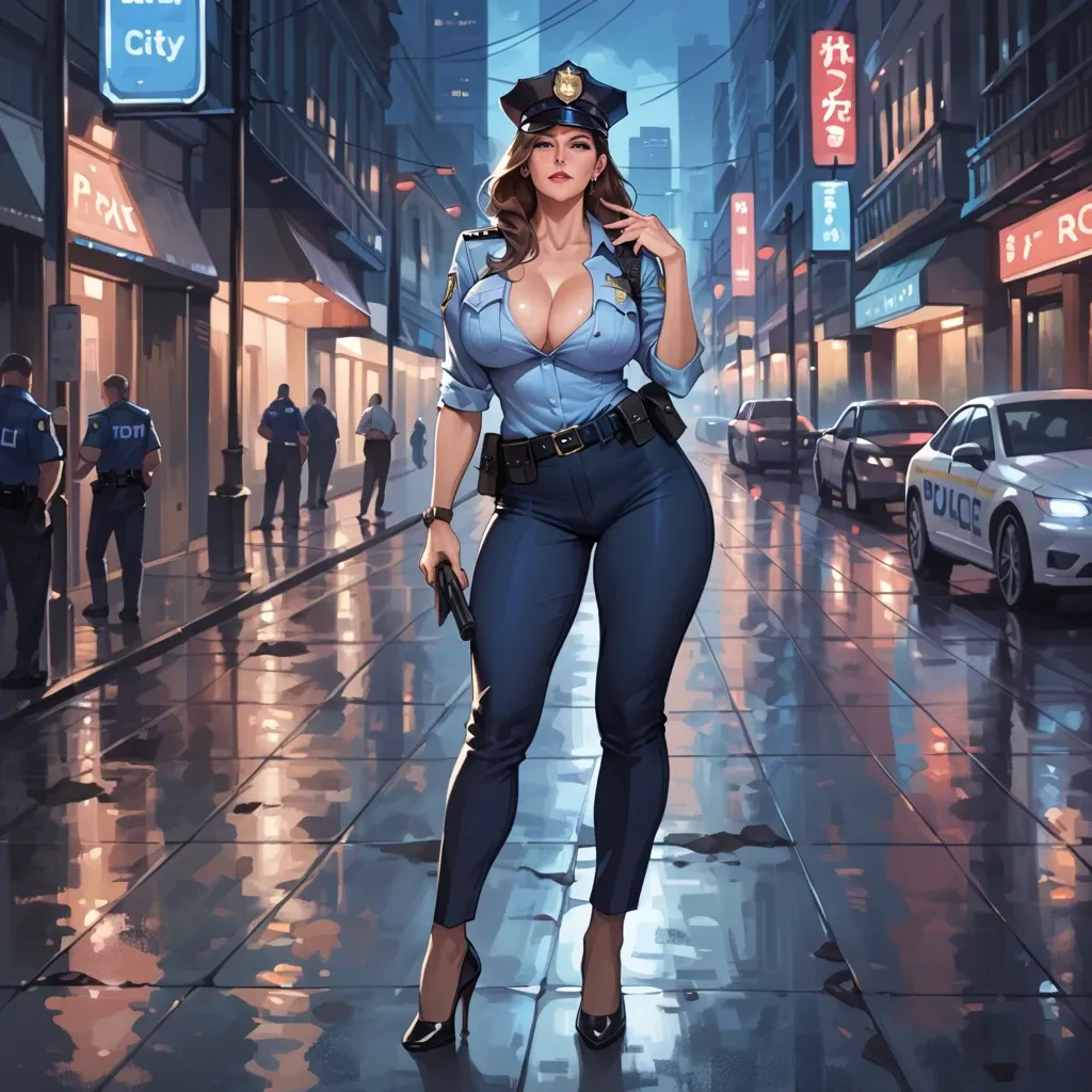 Police uniform, milf, seductive, big tits, big ass, cleavage, long hair, night city, dressed, brown hair, cap, full body