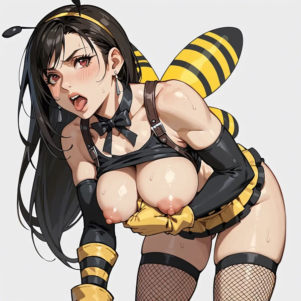 Tifa lockhart, fishnet stockings, honeybee outfit, tits out, bending over, squeezing tits, solo, holding tits