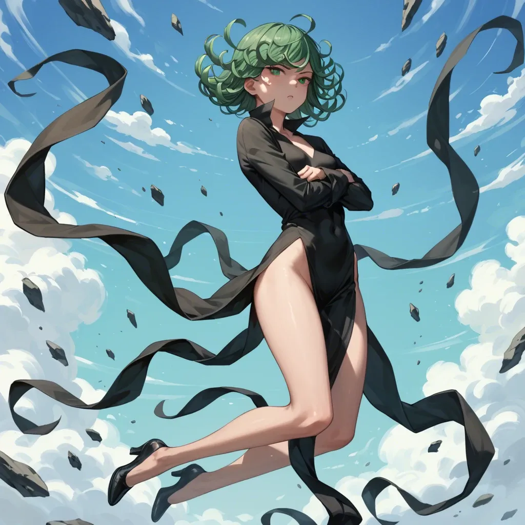 1girl, solo, , , , character tatsumaki, (perfect face: 1,2), (beautiful green eyes: 1,1), (very skinny), in black dress with long sleeve, in black heel, floating in the air, arms crossed, background is city, back view, motion lines